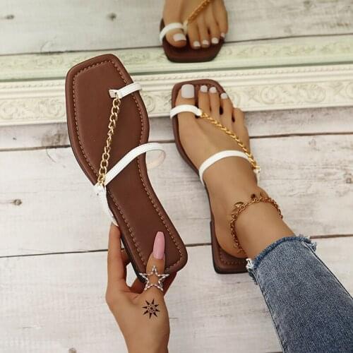 Womens New Summer Sandals Slippers Female Square Heel Soft Flip Flops Casual Chain Decoration Slides Hot