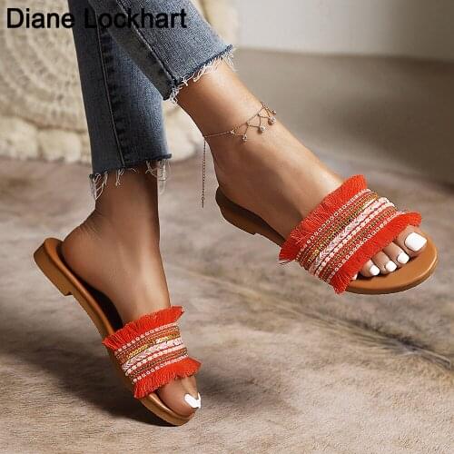 Fashion Temperament Braided Charm Flat Shoes Set Foot Vacation Beach Slides Casual Flip Flops Women Bohemian Beach Slippers