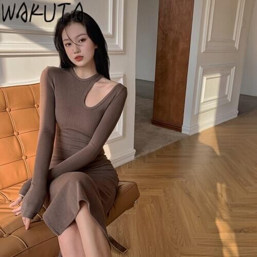 WAKUTA Stylish Slim Front Cut Out Womens Dress Elegant High Waist Spring New 2021 Sexy Long Sleeve Pocket Hip Dresses Vintage