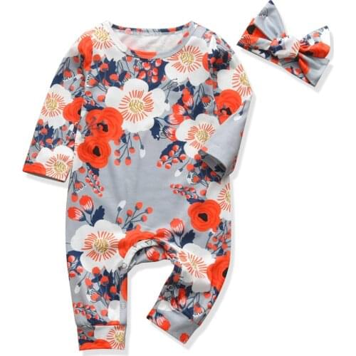 Stylish Floral Newborn Baby Romper Infant Baby Loose Playsuit With Headband 2pcs Long Sleeve Fall Outfit For Babies Home Wear