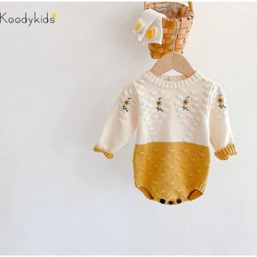 Koodykids 2021 Spring Baby Girl Knitting Bodysuits Baby Girl Knitted Rompers Clothes Vintage Clothing Flowers Rompers Autumn