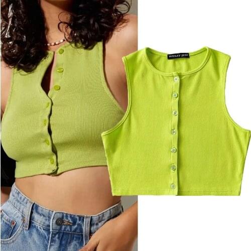 WESAY JESI 2021 Summer Womens New Style Vest Sleeveless Front Button Short Navel Crimped Pure Color Slim Sexy Top
