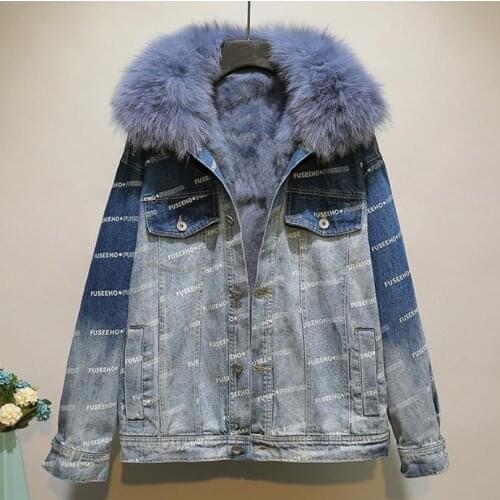 Tie-dyed Letter Printed Denim Jacket Female Loose BF Style Thick Gradient Color Real Fur Coat 2021 New Winter Womens Parkas