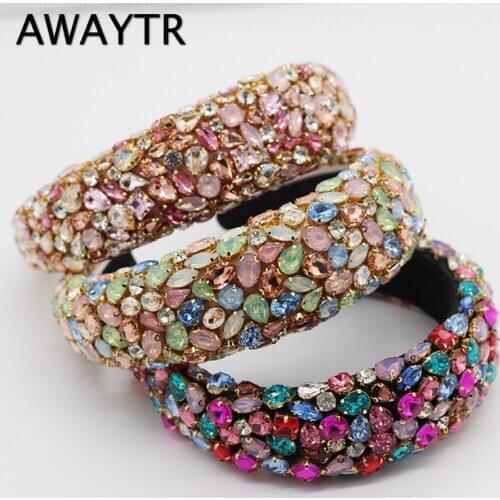 AWAYTR Baroque Fashion Colorful Full Rhinestones Headbands Luxury Shiny Padded Crystal Wedding Headband For Women Bride Headband