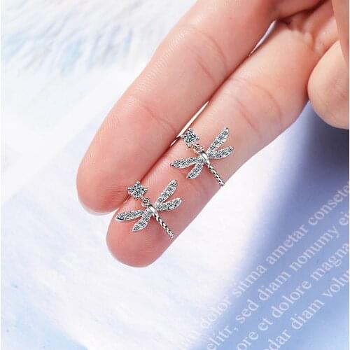 925 Sterling Silver Simple Lovely Mosaic Zircon Dragonfly Stud Earrings for Women Stud Earrings Gift brincos oorbellen S-E807