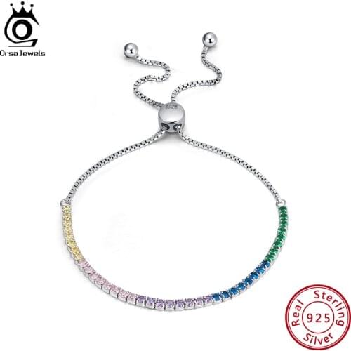 ORSA JEWELS Real 925 Sterling Silver Women Bracelets Sparkling AAA CZ Blue Pink Green Stone Tennis Bracelet Silver Jewelry OSB42