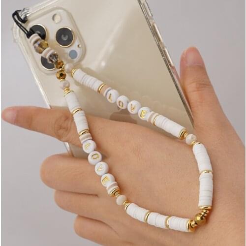 2021 Trendy Mobile Strap Phone Charm Pearl Soft Pottery Beaded Phone Chain LOVE Letter Jewelry For Women Anti-Lost Lanyard Gift