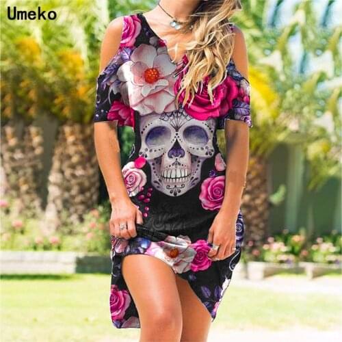 2021 Fashsiualy Skull Printed Summer Dresses Ladies Womens Summer Dress V-Neck Strapless Elegant Knee-Length Dresses Mini Robe