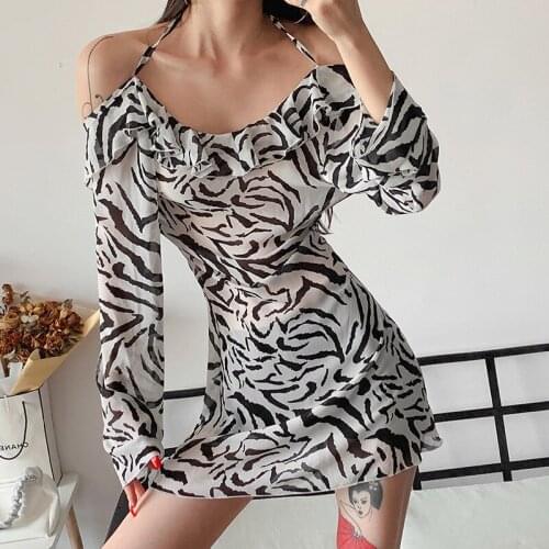Halter Neck Lace Up Sexy Slim Bag Hip Zebra Print Autumn Long Sleeve Women Mini Dress Backless Beach 2021 Ladies Short Dresses