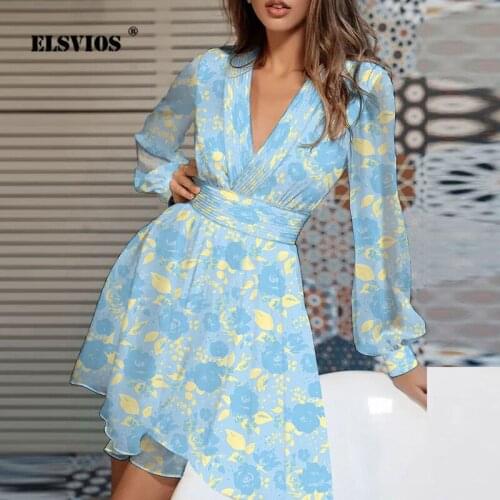 Women 2021 Fall Summer Long Sleeve V-neck Dress Floral Print Slim High Waist A-line Dress Fashion Elegant Party Dresses Vestidos