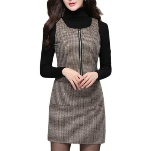 Woman Spring Plus Size Solid Sleeveless O-neck Knee-length Loose 30% Woolen A-line Dresses Female Autumn Hedging Wool Dress
