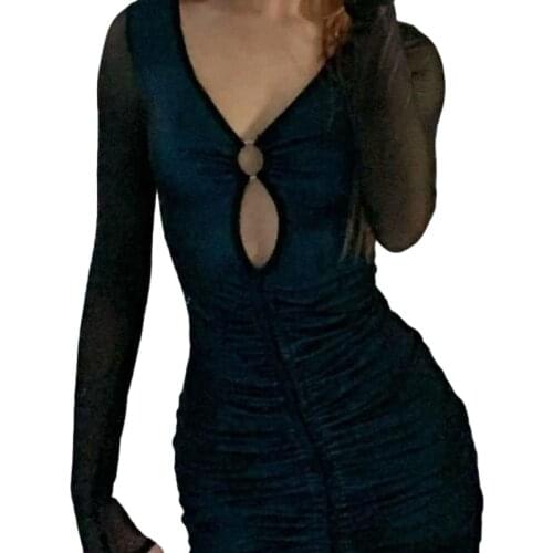 Womens Casual Long Sleeve Skinny Dress Fashion Solid Color Ring Hollow Drawstring Short Dress Spring Autumn