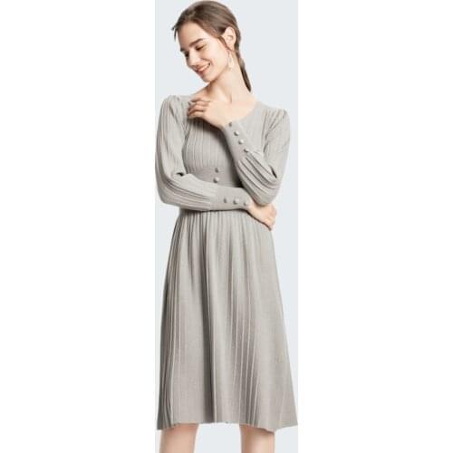 Office Ladies Long Knit Women Sweater Dress Thick Warm V neck Pleated A Line Dresses Fall Winter Pullover Midi Dress