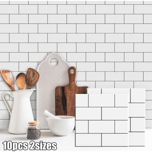 10Pcs Tile Brick Wall Sticker White Self-Adhesive Waterproof Wallpaper 3D Peel Wall Decal For Kitchen Bathroom Home Decoration