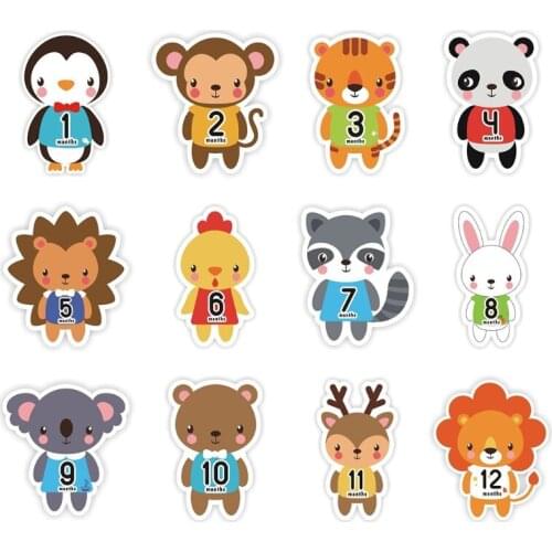 12 Pcs/Set Cartoon Animal Baby Pregnant Monthly Stickers Memory Recording Milestone Sticker Newborn Growth Photo Props 69HE