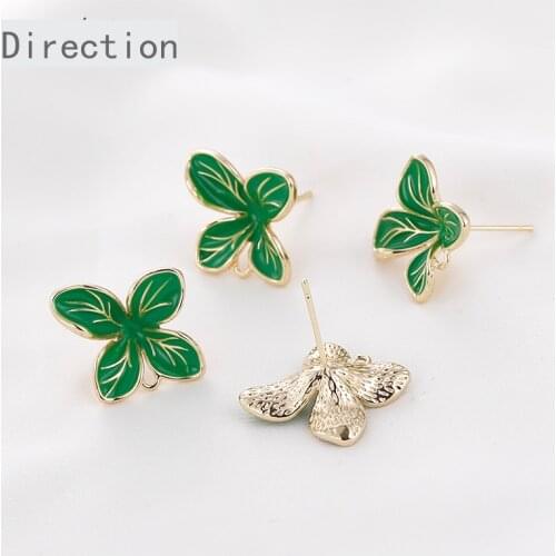 18k bag gold dripping oil big flower green leaf belt hanging silver needle diy handmade earrings material accessories 1 pair
