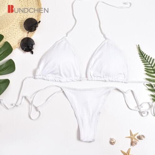 2020 Fashion Cheap Women Sexy White Label Bikini Swimwear Braided Halter Straps Micro Thong Bikini