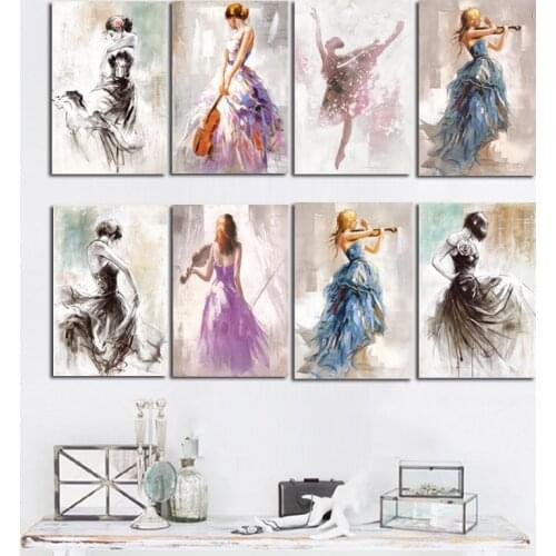 Abstract Ballet Dance Girl Playing a Violin Figure Oil Painting on Canvas Poster and Print Wall Picture for Living Room Decor