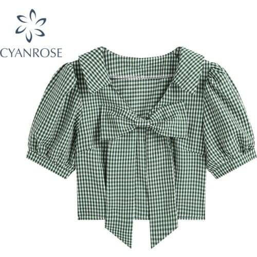 Summer New Streetwear Bow Plaid Print Blouses Women 2021 Fashion Retro Puff Short Sleeve Shirt Female Sweet Tide Casual Blusas