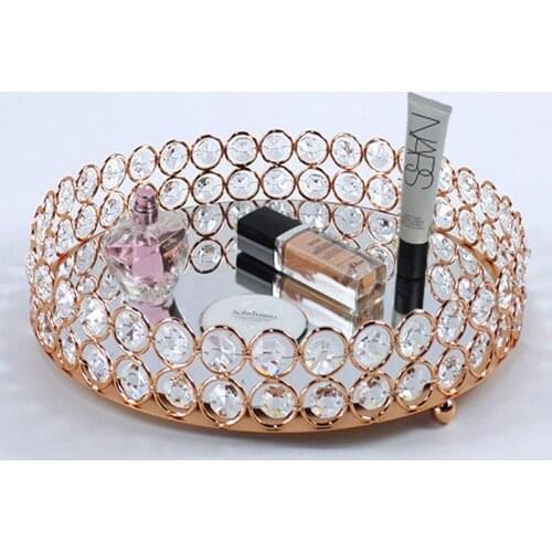 Golden Color Delicate Jewelry Storage Tray Glass Mirror Base Bedroom Desktop Cosmetic Decorative Organize Plate
