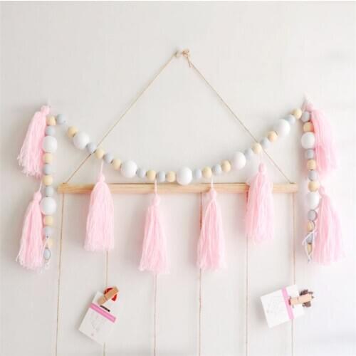 Wooden Bead Tassel Nursery Pearl Decor Nordic Kid Baby Wall Hanging Curtain Decoration Kids Room Wood Beads String Ornament