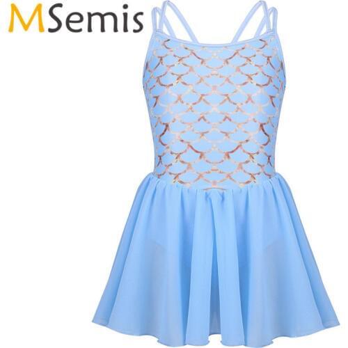 Kids Girls Ballet Leotard Dress Straps Fish Scales Printed Dress Ballet Dance Tutu Dress Kids Gymnastics Leotard Dress Dancewear