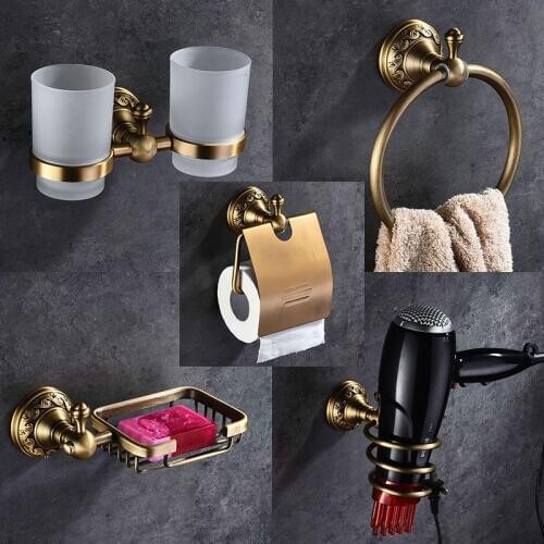 European Style Space Aluminum Antique Carved Bathroom Hardware Set Brushed Towel bar Towel Ring Paper Holder Coat Hook wall hook