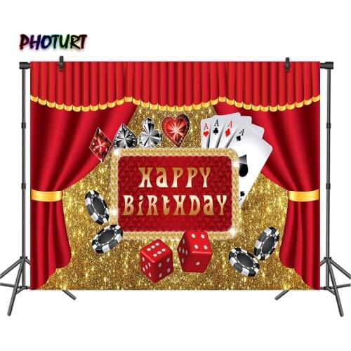 PHOTURT Royal Casino Photography Backdrop Adult Birthday Party Background Red Golden Curtain Poker Vinyl Photo Banner Props