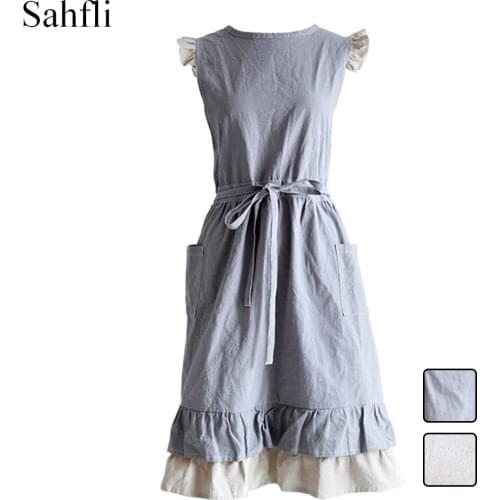 Retro Simple Two Mixed Color Ruffled Pastoral Style Thickened and Increased Cotton Womens Sleeveless Apron Gardening Overalls