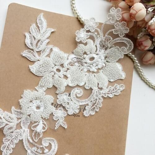 4 pieces 3D Tiny Pearl Beaded Lace Applique Patch Motif Wedding Dress Applique DIY Bridal Headdress Ivory White Lace Collar