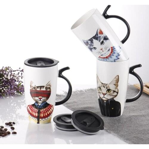 Cat Large-capacity Ceramic Mug with Lid Cute Creative Personality Simple Office Household Drinking Cups