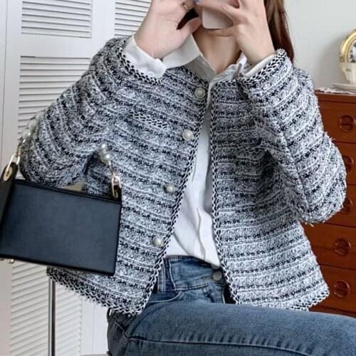 Tweed Woolen Jackets Coat Women O-neck Long Sleeve Single Breasted Short Jacket Spring Autumn Outwear Vintage Elegant Korean
