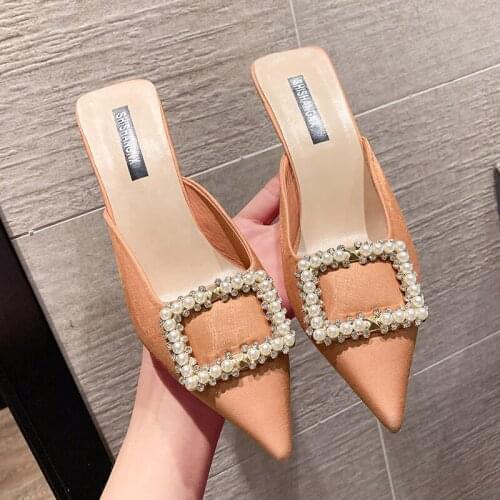 2021 Summer Fashion High Heels Solid Mules Leather Shoes for Women Indoor Outdoor Office Slippers Sexy Ladies Slides Sexy Mules