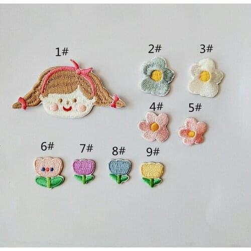 Self-adhesive 9pcs Cute Girl Flower Embroidered Patches for Clothing Iron on Bady Clothes Bag Shoes Appliques Stripe Hole Repair