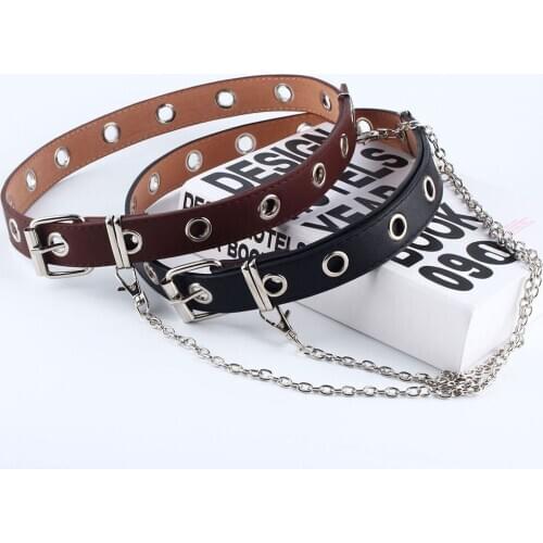 Women Punk Chain Fashion Belt Adjustable Black Double Single Eyelet Grommet 2020 Leather Buckle Wide Belt for Women Men Jeans