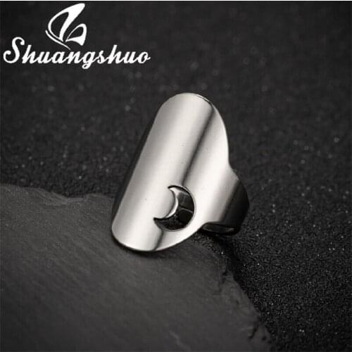 Shuangshuo Vintage Stainless Steel Finger Rings Adjustable Hollow Moon Wide Rings for Women Men Engagement Wedding Ring Gifts