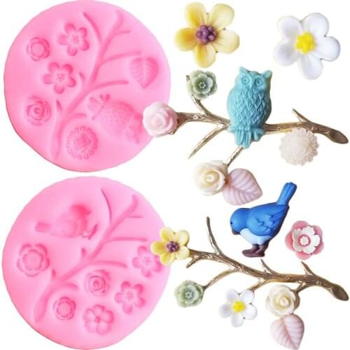 Owl Tree Branch Leaf Silicone Mold DIY Bird Rose Flower Cupcake Fondant Molds Candy Chocolate Cake Decorating Tools Resin Moulds