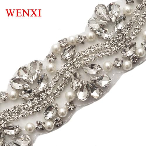 WENXI 10YARDS Wholesale Luxury Clear Sliver Crystal Rhinestone Applique Pearls Accessory Sewng On For Wedding Dress Belt WX819