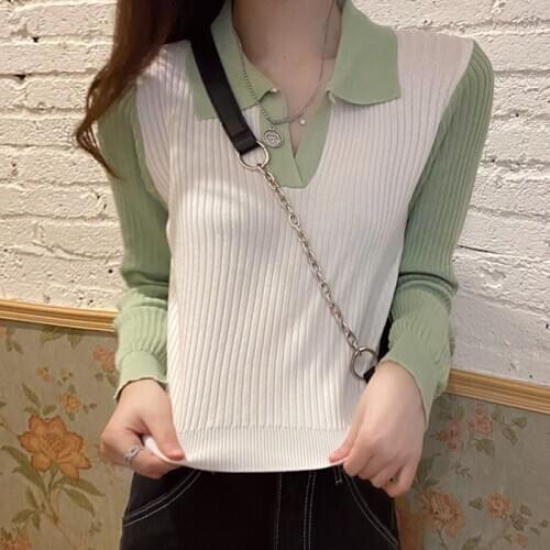Ladies Fashion Turn-Down Collar Knitted Sweater Tops Long Sleeve Patchwork Jumpers Women 2020 Autumn Female Slim Short Sweaters