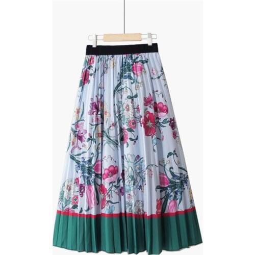 Summer Pleated Gradient French Flower Fairy Contrast Color Loose Slim Elegant Printed Chiffon Fashion Midi Skirt Women Jupe M379