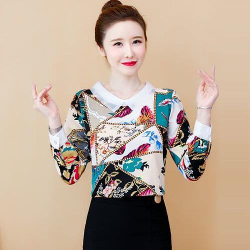 Womens Spring Autumn Style Chiffon Blouse Shirt Womens Peter Pan Collar Printed Button Long Sleeve Elegant Slim Tops SP939