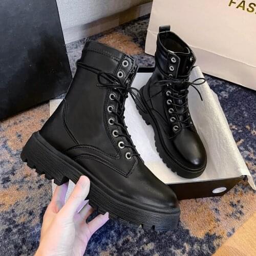Black Womens Anklet Boots Winter Thick Cotton Warm Platform Shoes Round Head Lace Up Autumn Fashion Short Boots 2021 Footwear