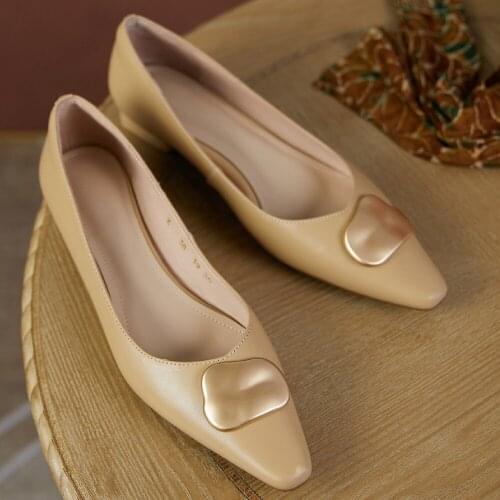 Womens genuine leather metal decoration slip-on flats single high quality soft comfortable pointed toe casual daily shoes women