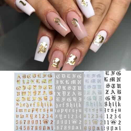 Nail Art 3D Decal Stickers Alphabet Letters Number Nail Designs White Black Gold Acrylic Nails Tool