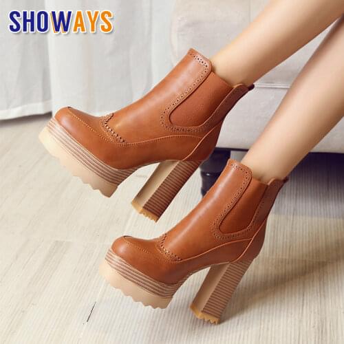 British Winter Women Platform Chelsea Boots Square Chunky High Heel PU Leather Round Toe Casual Lady Slip-on Oxford Ankle Boots