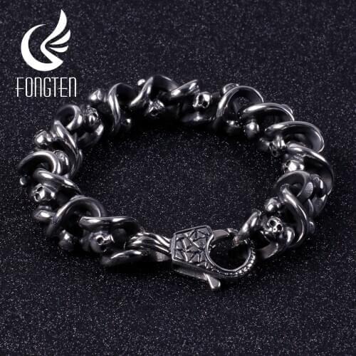 Fongten Vintage skeleton Round Chain Bracelet Men Skull Head Metal Stainless Steel Heavy Bracelets Bangles Mens Fashion Jewelry