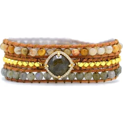 Natural Labradorite Charm 3 Times Friendship Bracelet Wholesale Wrap Bracelets Dropshipping Supplier Boho Bracelet Homme