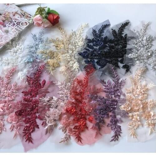 1 Piece New Fashion Pearl Lace Applique Sewing Trims Wedding Decor 3D Embroidery Bead Lace Patch Costume Accessory DIY Supplies