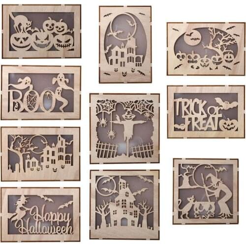 Wooden Hollow Pumpkin Haunted House Halloween Decoration with LED Light Ornaments Home Party Supplies