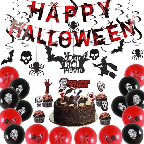 Halloween Theme Party Decoration Set Happy Halloween Banner Black Glitter Swirls Ghost Cake Topper For Halloween Home Decor